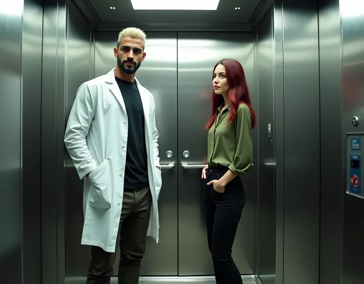 attractive Arab man extremely tall (216cm), platinum blond wavy swept-back crew cut, dark skin, long black stubble, white lab coat, black t-shirt, black cargo pants, black boots, standing inside elevator next to a very short (170cm) young Caucasian woman, ...