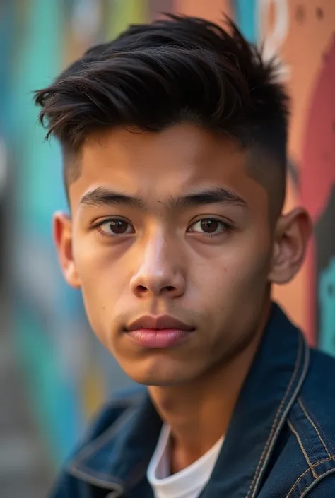 

"A 19-year-old boy with a low fade haircut, looking straight at the camera. The image should be zoomed in, showing only from his shoulders 