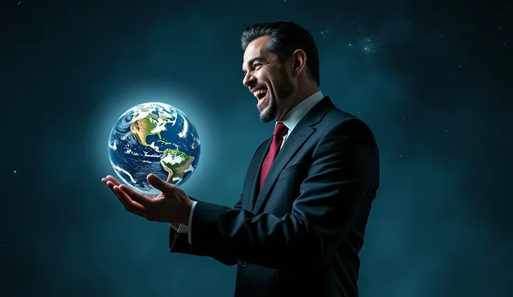 man in a suit with a face with a shadow on his face holding the planet in his hands and laughing devil smile