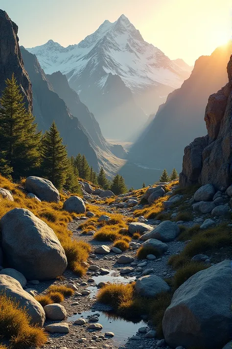 Generate an image of a rugged mountain area with rocky terrain. Include craggy boulders, scattered gravel, and patches of hardy vegetation. Capture the dramatic contrast between the rocky ground and the surrounding mountainous landscape.