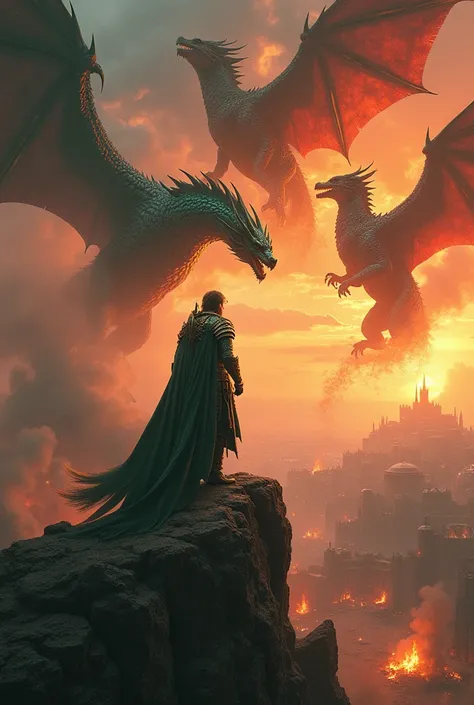 Aegon the conqueror with his dragons breathing fire


