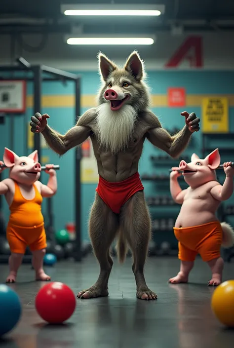 A skinny, old wolf with a white beard in a gym training three fat female pigs