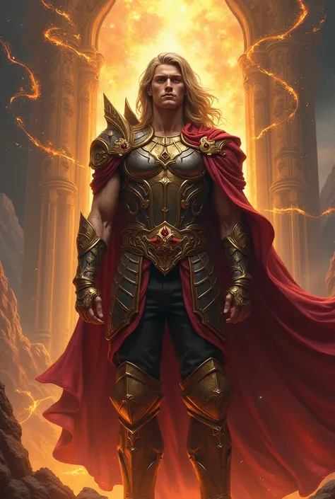 (absurdres, highres, ultra detailed), 1 male, , handsome, tall muscular guy, broad shoulders, finely detailed eyes and detailed face, long hair, fantasy, magnificent background, throne, magic effect, flame