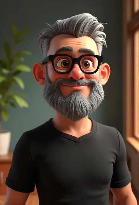  Cartoon character of a man with short gray hair and a big, closed beard, about 90 kilograms, few freckles on the face, Brown eyes, with black glasses and a black shirt, animation character, stylized character, animation style rendering, 3D stylized, Arnol...