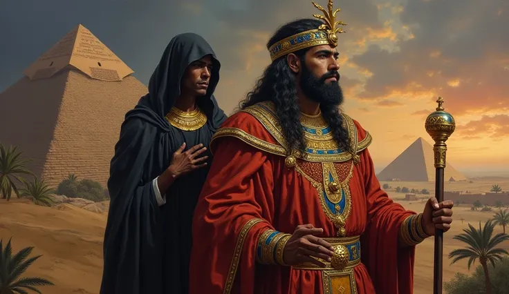 oil painting, ancient king of the East in the front and an Egyptian priest behind with a dark robe that covers his head, with Egyptian ornaments and scepter and a serious countenance