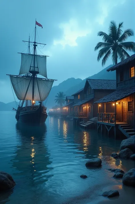 (photorealistic :1.4), caraïbe, harbor, pirate ship, old village, pale blue hour, surreal, detailed, peaceful, rain --style raw.