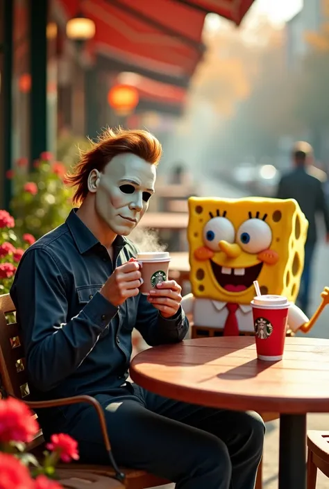 Michael Myers drinking Starbucks coffee with SpongeBob Squarepants