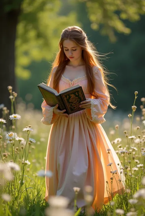 A medieval setting where a maiden walks through a springy background reading a book