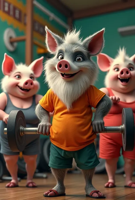 A skinny, old wolf with a white beard and an orange shirt at a gym training three fat female pigs.