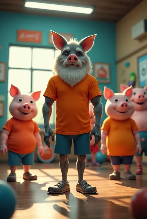 A skinny, old wolf with a white beard and an orange shirt at a gym training three fat female pigs.