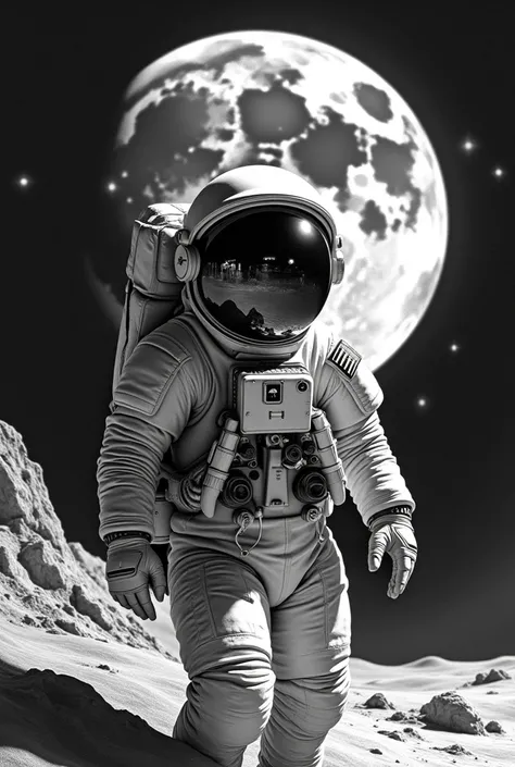 High quality astronaut and full moon black and white coloring drawing 