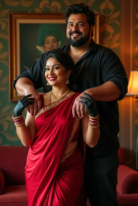 Create a realistic photograph of a smiling and beautiful indian actress in red satin carrying a large stout man on her shoulders in a room, man is sitting on top of her shoulders , man on top, woman at bottom , woman is wearing black gloves 