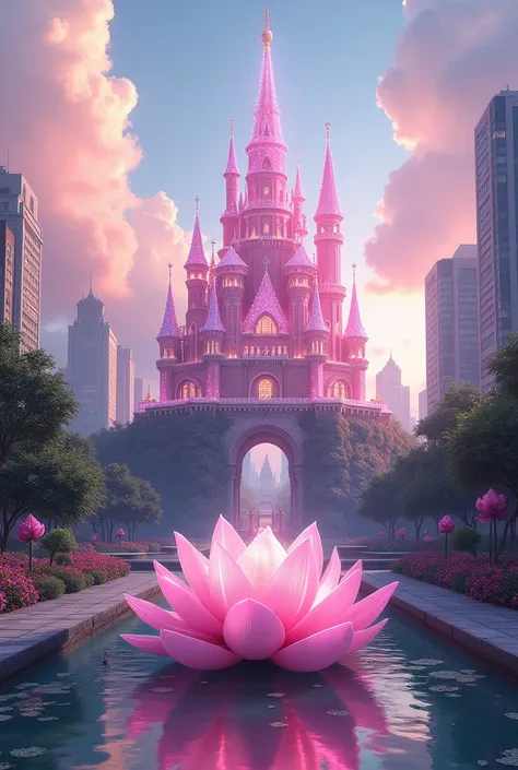 PINK CRYSTALLIZED CASTLE TRANSPARENT LOTUS. IN THE CENTER OF
A CITY