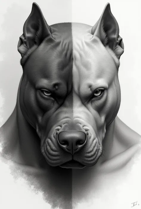 Create a head that is half Pitbull dog and half man, drawn in pencil realistically.