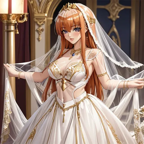 ((Highest quality)), ((masterpiece)), (detailed), （Perfect Face）、The woman is Maya Cordelia, with medium-long orange hair, wearing a see-through vintage wedding dress with gorgeous gold embroidery and trim, a wedding veil that shows through her skin, and l...