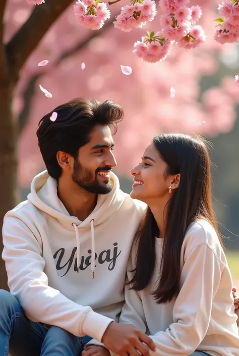  A real indian 18 Year old cute boy shiting under a blooming tree with a 18 years old girl  , wearing a white hoodie with name “YUVRAJ” as girl name “SONIYA" wearing white top