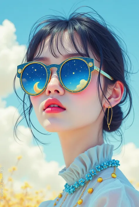 model wearing vitreous sunglasses with star and moon in the glass, in the style of dark sky-blue and light yellow, minimalist pen lines, fairy kei, use of precious materials, vibrant and lively hues, captivating, glitter