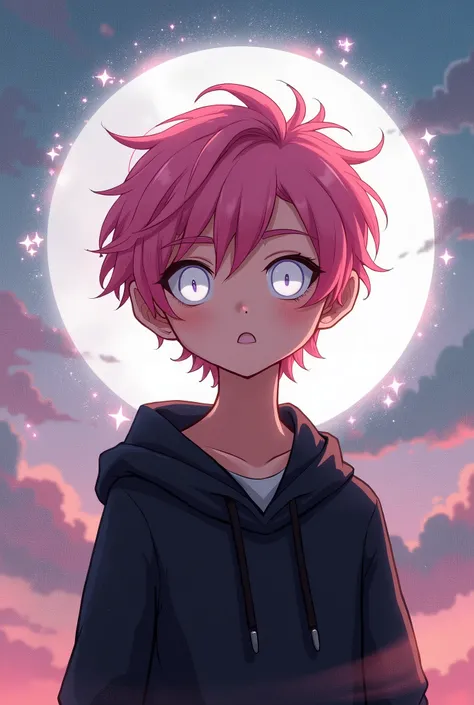 A cover for a book about a boy with pink hair, with white eyes, wearing black and comfortable clothes, very detailed and beautiful face