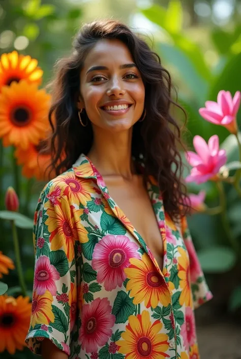 A Brazilian woman in a lush tropical garden, wearing an open shirt with a floral print, with a close-up capturing the harmonious beauty between her breasts and the natural flowers, showing off your natural charm and outgoing personality.