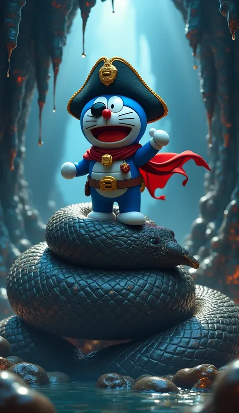 An image of Captain Doraemon wearing a pirate costume . Doraemon defeats the giant snake in the cave, standing on the giant snake..sharp 4k 3d images 