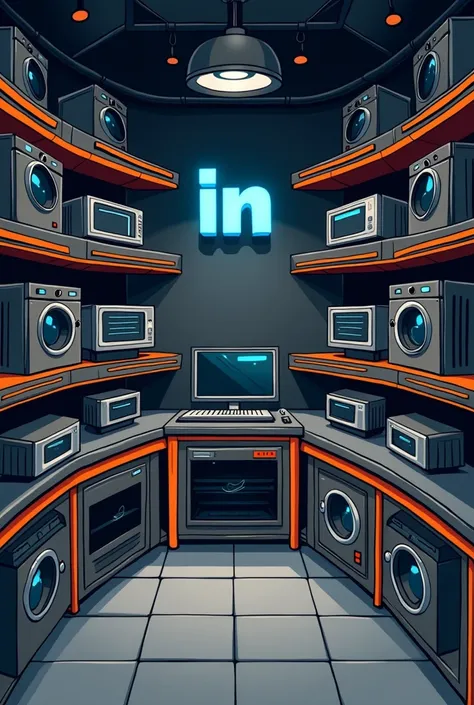 appliances, regale, display case, orange lines, black and gray background, industrial, banner horizontal, cartoonized, paint flecks, blue symbol in "in" image elements