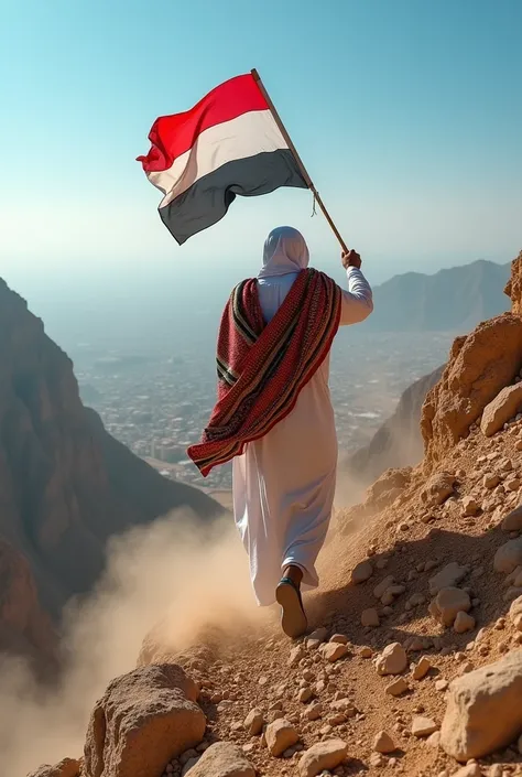 A yemeni man climbing Saber mountain holding the Yemeni flag, realistic details, taiz city behind him