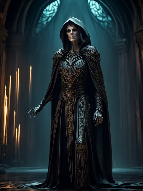 A Moira, a Weaver of Fate, They appear as a monstrous woman with an ancient, skeletal appearance., She wears a white mask. Her skin is wrinkled and pale, marked by dark veins that speak of an ancient power. She is enveloped in long black robes, undulating ...