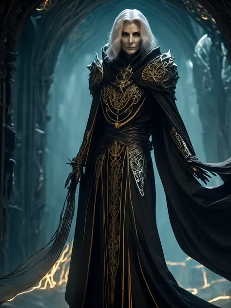 A Moira, a Weaver of Fate, They appear as a monstrous woman with an ancient, skeletal appearance., She wears a white mask. Her skin is wrinkled and pale, marked by dark veins that speak of an ancient power. She is enveloped in long black robes, undulating ...