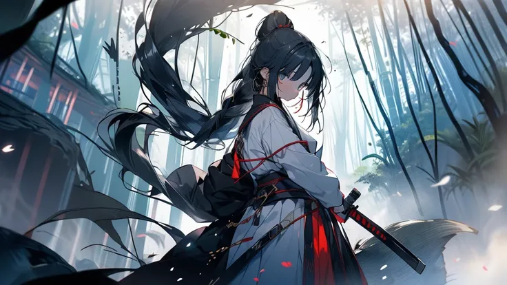 A girl wielding a sword．She practices alone in the bamboo forest．She has long black hair tied up．Dress code: White on top，He is wearing a red kendo uniform underneath.．A black cat is watching over the girl．