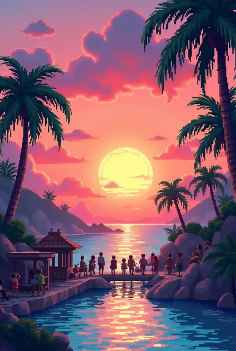 detailed pixel art,3d pixel art,4k wallpaper,incredibly detailed pixel art,pixel art,vaporwave,highly detailed unreal engine pixel art,sunset,landscape,tourist scene,colorful,vibrant colors,dynamic lighting,intricate details,atmospheric,cinematic,beautiful...