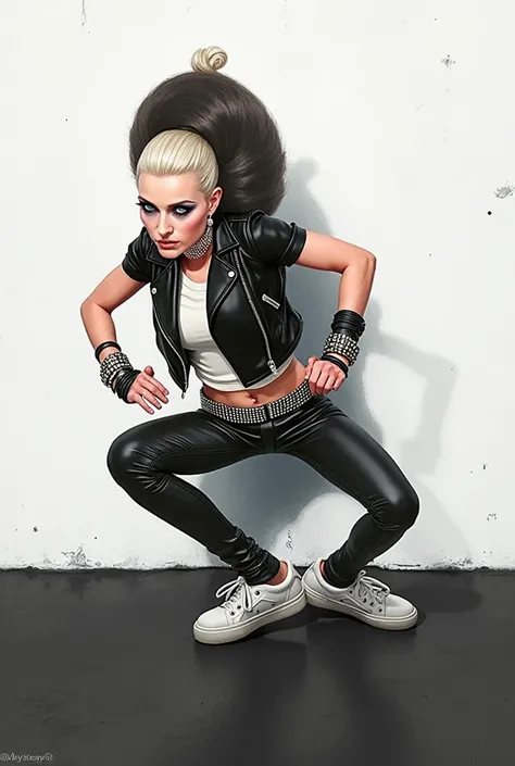 Old russian milf, platinum blonde hair in top bun ,with very light blue eyes, pale, heavy eye shadow s. Wearing black moto jacket, cropped rock t-shirt, black leather jeans and white tennis sneakers. Wide studded belt. Studded wristbans,Scared