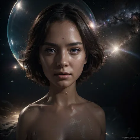 a naked girl with a completely mirror-like skin cavity inside a soapy rainbow bubble against a background of planets, spaceships and satellites in space, (best quality,4k,8k,highres,masterpiece:1.2),ultra-detailed,(realistic,photorealistic,photo-realistic:...