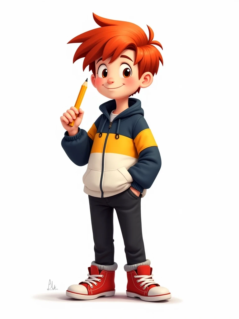 A red-haired boy with a dark blue, yellow and white shirt, black pants and red sneakers, holding a pencil, with a backpack on his back. 2D style drawing, he is on a white background.