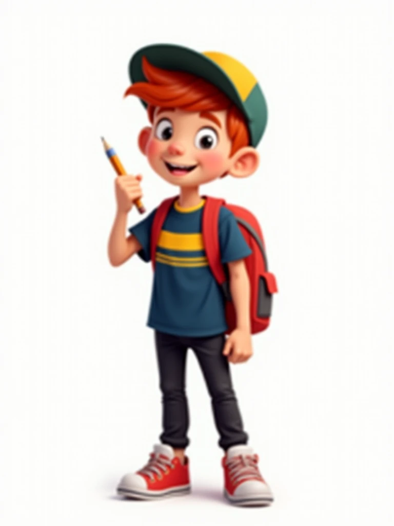 A red-haired boy with a dark blue, yellow and white shirt, black pants and red sneakers, holding a pencil, with a backpack on his back. 2D style drawing, he is on a white background.