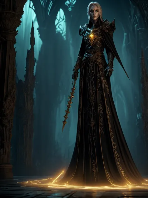 A Moira, a Weaver of Fate, They appear as a monstrous, non-human woman with an ancient and skeletal appearance., She wears a white mask. Her skin is wrinkled and pale, marked by dark veins that speak of an ancient power. She is enveloped in long black robe...