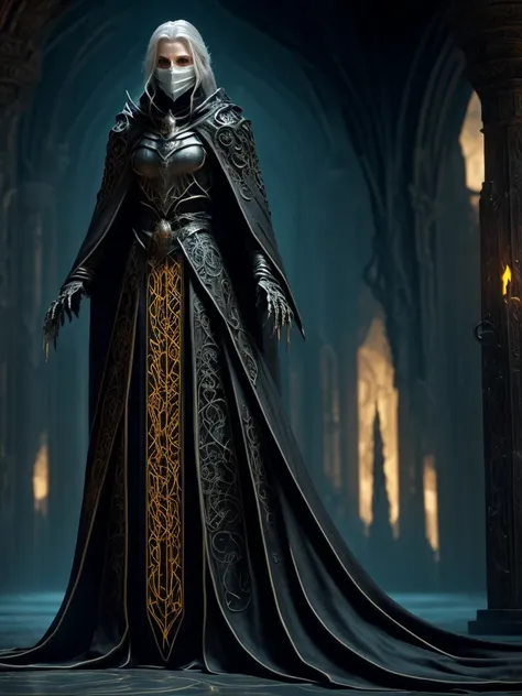 A Moira, a Weaver of Fate, They appear as a monstrous, non-human woman with an ancient and skeletal appearance., She wears a white mask. Her skin is wrinkled and pale, marked by dark veins that speak of an ancient power. She is enveloped in long black robe...