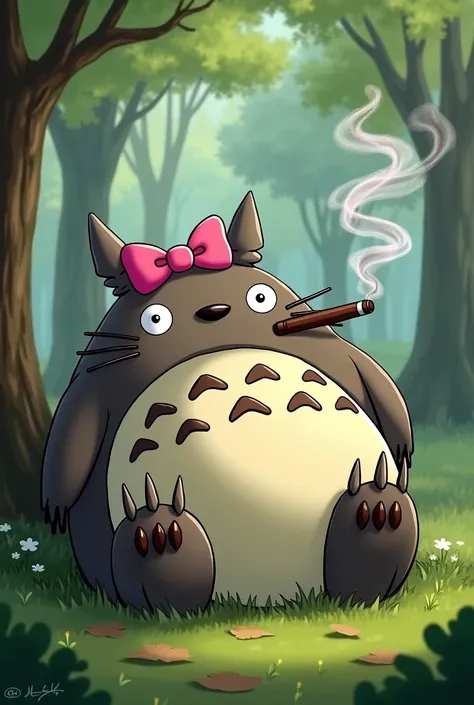 Totoro smoking a blunt with a hello kitty bow