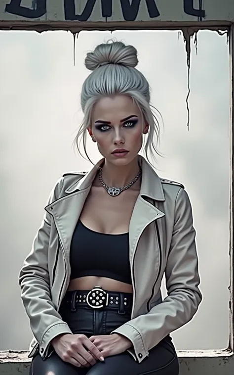 Old russian milf, platinum blonde hair in top bun ,with very light blue eyes, pale, heavy eye shadow s. Wearing black moto jacket, cropped rock t-shirt, black leather jeans and white tennis sneakers. Wide studded belt,Scared