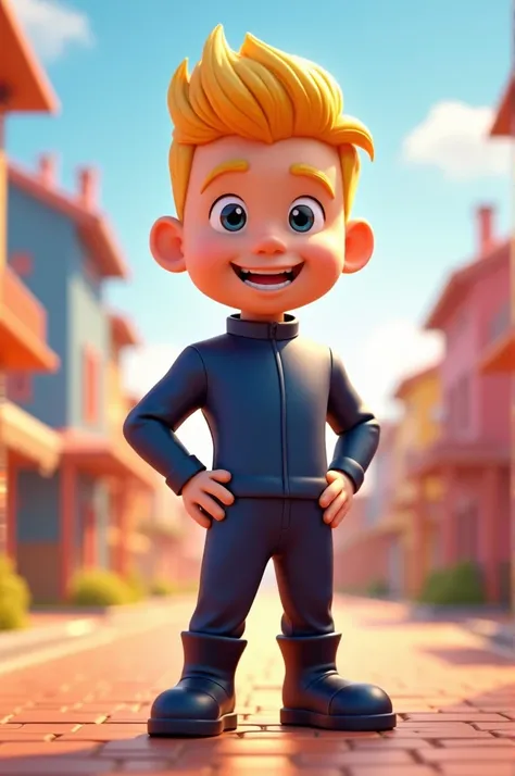 Create a male 3d mascot   , I want a blonde character with a short quiff who wears a dark blue uniform and dark blue pants too without a logo and without details with black boots with a full HD image , 