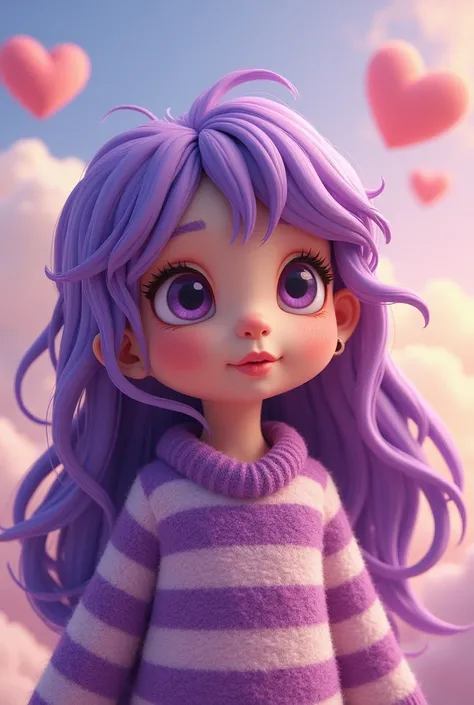 A stuffed girl, with long purple hair and messy bangs, her pale pinkish yellow skin like a puppet, dark purple eyes and pale black eyeshadow. She is wearing a purple striped sweater and is looking to the side and smiling tenderly.. Let this be drawn in a 2...