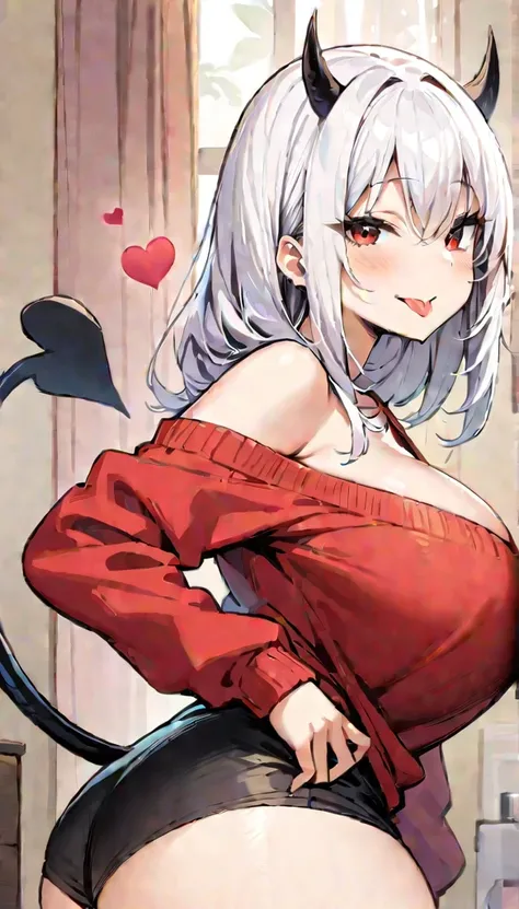 ((Best Quality)), ((masterpiece)), (detailed), 1 girl, long white hair, black horns, red eyes with hearts, big breasts, big thighs, black succubus tail, Hey, take a look,wide open eyes, expression smiling, sticking out tongue, blush, Red oversized sweater ...