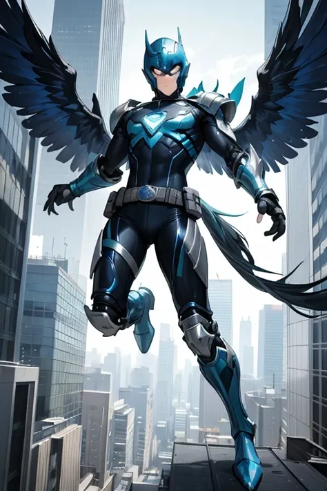 ((best quality)), ((masterpiece)), (detailed), 1 male, full body, 25 years old, blue head, uncovered mouth, blue biker helmet, black beak, black collar, tall, thin, metallic wings, wings on his suit, black fingerless gloves, blue wrist guards, luminous blu...