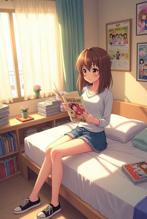 anime characters，university student，Room，gentle，medium long hair，Fluffy hair，brown hair，assistant，Shen Steady，Home，Casual wear，Thin hair，comics，Anime shoujo