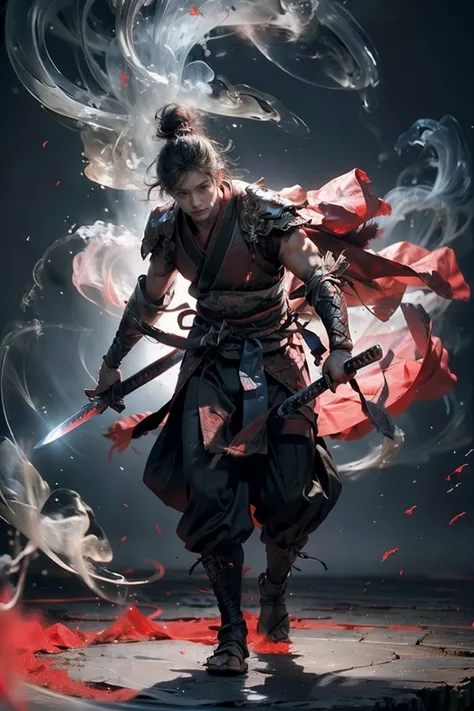 masterpiece，16k，high quality，a work of art，martial spirit，1 boy，red theme，smoke，floating weapon，sword，bright lights，bright backg...