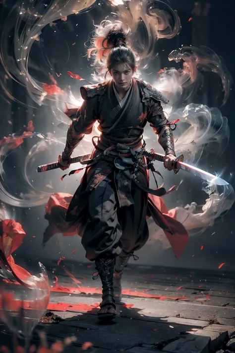 masterpiece，16k，high quality，a work of art，martial spirit，1 boy，red theme，smoke，floating weapon，sword，bright lights，bright backg...