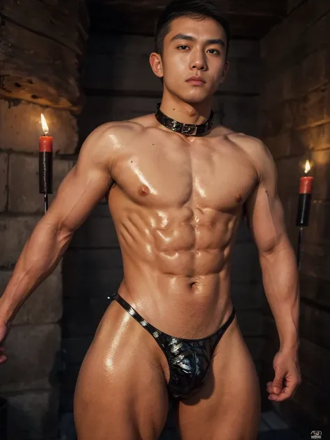 high quality, detailed, 15 years old  bulky japanese boy, detailed brown eyes,(abs:1.5), (shiny skin:1.5), (black short hair:1.4,(black tiny thong:1.4), (puffy bulge:1.5), dark cave, (collar), (red candles),