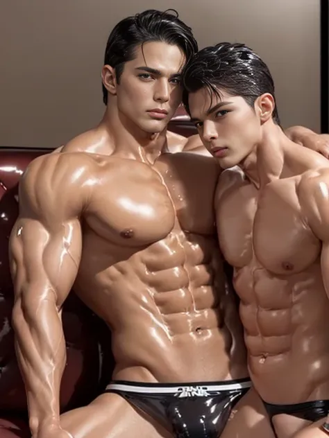 ((2 people)), (((1 man and 1 little boy))), Sitting on the sofa, Movie quality, ((nakenesuse, Handsome face, Black panties, musculous, Cowboy shot, lineup, Masterpiece, Anatomically correct，(Glossy glossy skin:1.5)