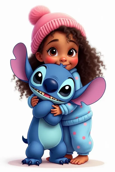 A 9 year old, brown skin, eyes browns, long and curly hair, wearing pink pajamas and a beanie on his head, hugging the stitch, the stitch should wear blue pajamas, disney pixar style drawing, the image has a white background (png)