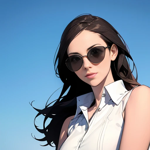 A girl with one sunglasses perched on her forehead, no sunglasses on face, no shadows on face, high-quality, detailed