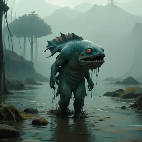 a fish creature walking through a muddy area, scary fish, scary sea monster, scary creature, swamp monster, realistic creature c...